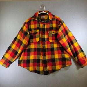 Vintage Melton Wintermaster Mens Plaid Wool Flannel Shirt Orange Yellow Black XL